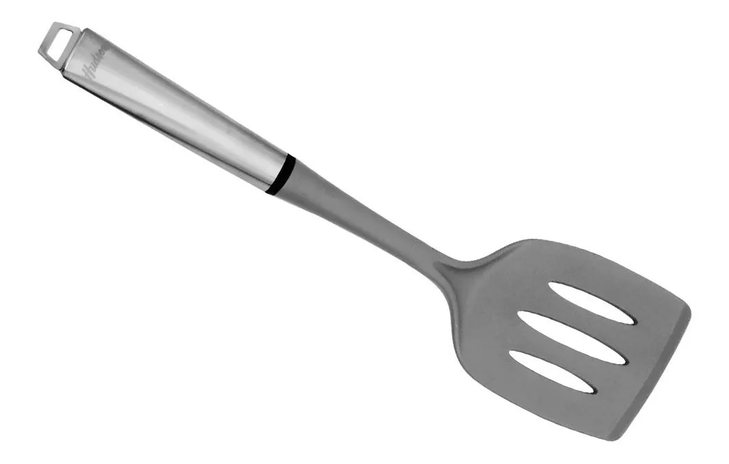 Espatula calada de nylon gris c/mango acero inox