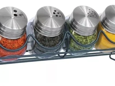 Set x 5 pzas especieros de vidrio c/tapa acero inox